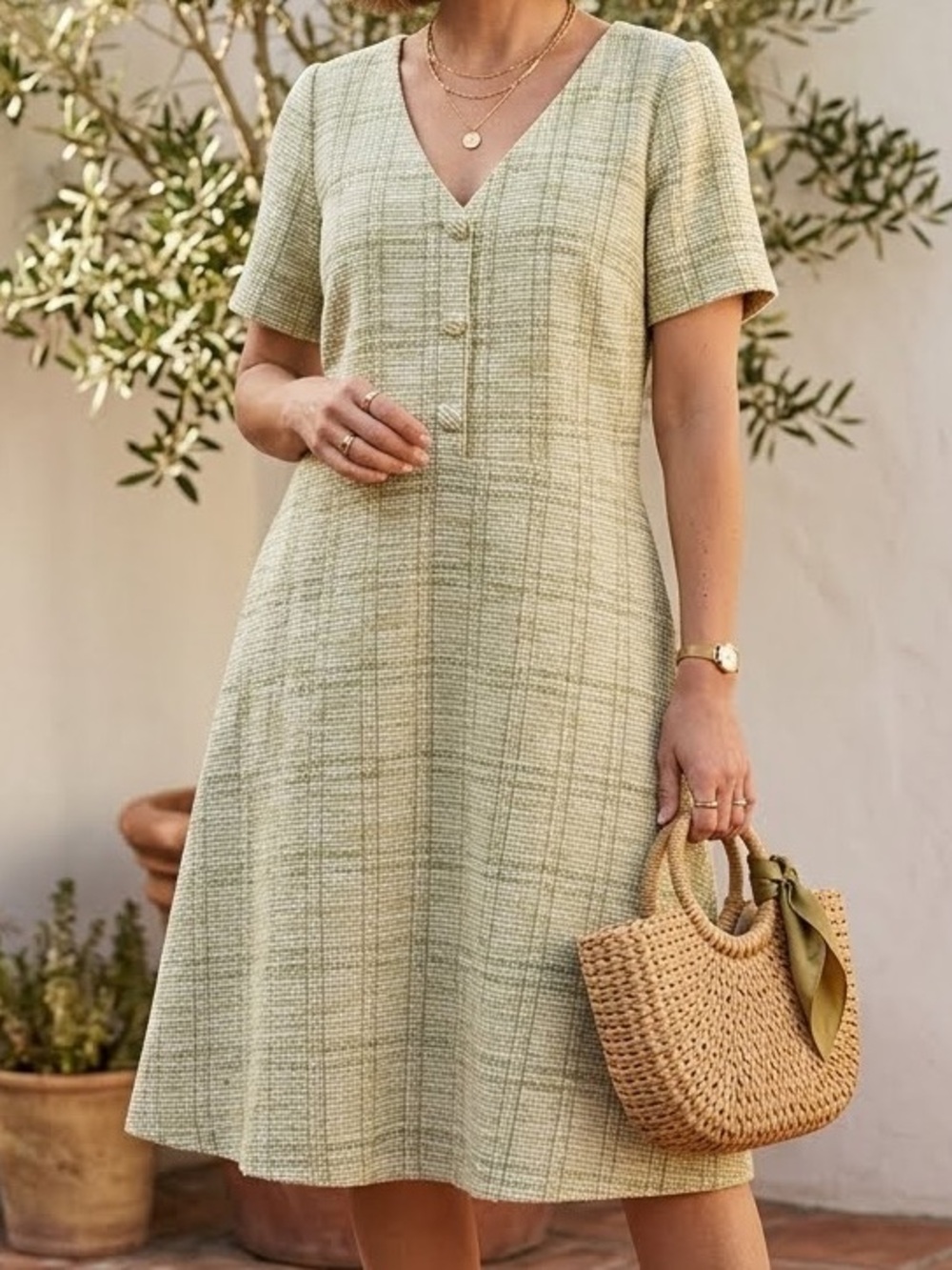 LOFT Dress Green Ivory Plaid Bouclé Tweed Short Sleeve V-Neck Midi office XL
